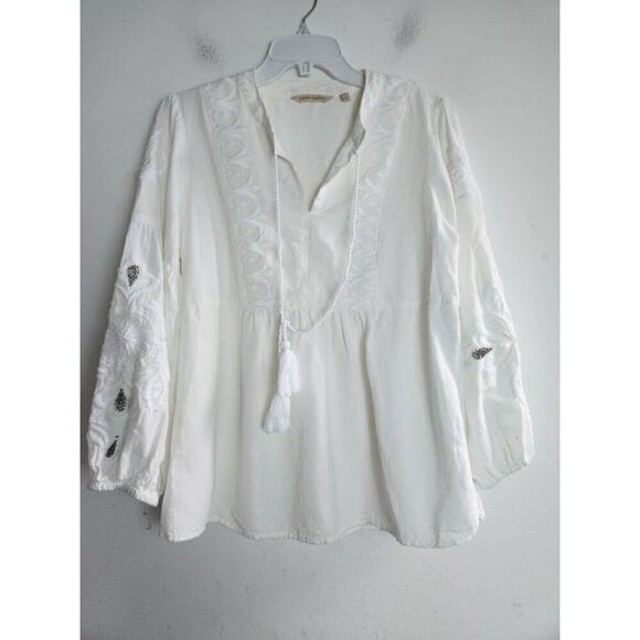 Soft Surroundings White Baby Doll Floral Embroidery Flax/Cotton Blouse sz Small - Picture 1 of 9